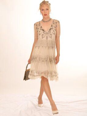 BIYA Sheer Nude Mesh Netted Heavily Beaded Embroidered Boho Dress Large